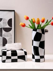 花瓶黒と白のチェッカーボード花瓶セラミックティッシュボックスホームポンピングダイニングテーブル水耕栽培フラワーアレンジメント装飾