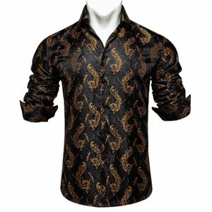 Preto Paisley Ouro Camisa Dos Homens Casual Camisas de Manga LG Para Homens Camisa de Escritório Busin Slim Fit Homem Dr Camisas Roupas Masculinas 65ba #