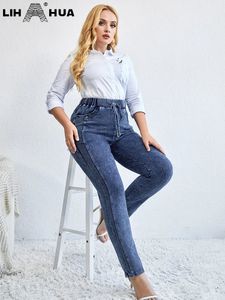 LIH HUA Calça jeans feminina plus size outono alta estiramento algodão malha jeans casual 240315
