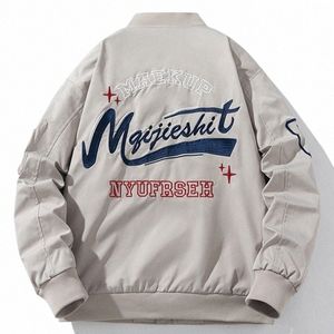 Outono jaqueta bomber masculina 2023 estilo americano blusão bordado casaco solto vintage zíper militar curto para baixo casacos m09h #