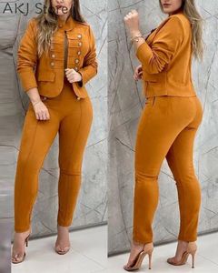 Einfarbiges Zweireiher-Blazer-Hosen-Set für Damen 240327