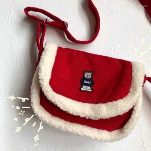 Sacos de ombro Kawaii Womens Bag com Urso 2024 Bonito Ano Red Fur Crossbody para Meninas Presente Satchel Mulher Bolsa Bolsa