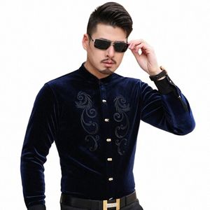 Luxury Autumn Winter Men Shirts Fi LG Sleeve Silk Veet Casual Dr Shirts Stand Collar Soft Bekväm J5HH#