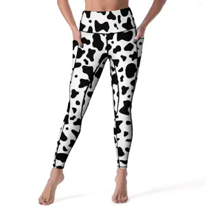 Leggings femininas preto branco vaca impressão calças de yoga sexy na moda padrão manchas design animal cintura alta treino ginásio leggins