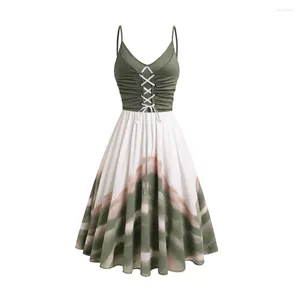 Casual Dresses Women Fashion Fairycore Tie Dye Print Lace Up Dress for Summer ColorBlock Spaghetti Strap Midi Cami Robe