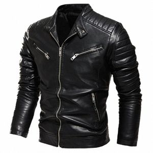 2022 inverno giacca di pelle nera da uomo foderato di pelliccia calda giacca da motociclista Slim Street Fi nero cappotto da motociclista design a pieghe con cerniera 300y #
