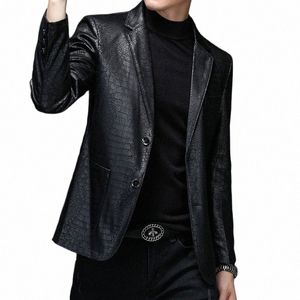 2023 Men's New Spring Autumn Vintage Soft Faux Leather Jackets Male Classic Slim Fit Crocodile Pattern Suit Black Blazers Coats 51Y9#