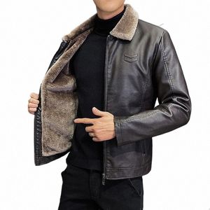 korean Men Winter Fi Latest Fleece Fur Leather Jacket Laple Zipper Straight Hem Formal Casual Coats Bomber Leather Jacket V9W3#