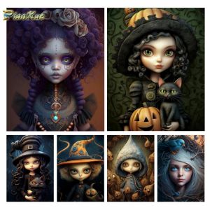 Stitch Witch Girl Cross Stitch Kit 5D Diamond Målning Art Halloween Dark Cat Pumpkin Mosaic broderi Rhinestone Home Decor Craft