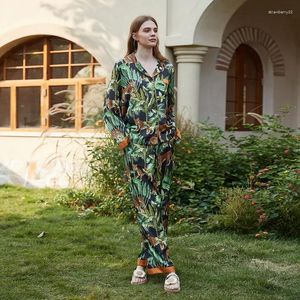 Damen-Nachtwäsche QSROCIO Spring Slik Like Pyjamas Set Orange Leopardenmuster Tasche Luxus-Stil Homewear Mode Lässig