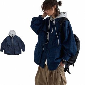 hooded Denim Jacket Men Women Vintage Detachable Cap Cargo Coat Japanese Oversize Loose Casual Top Spring Couple Unisex Overcoat a3xN#
