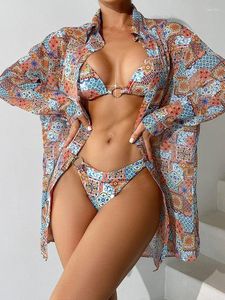 Kvinnors badkläder sexig långärmad baddräkt mode kvinnor hög midja bikini set tre stycken täcker sommar etnisk stil push strand slitage