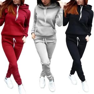 Katı Kadın Terzini Günlük Hoodies Sweatshirt Pantolon Set Lounge Wear Sport Suit 2pcs Sonbahar Kış Giysileri 240228