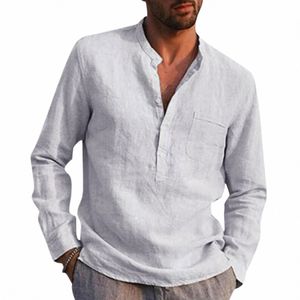 Mens Summer Cott Linen T-shirts Classic Solid Color LG Sleeve Top Tees Crewneck Butt T-shirt med Pocket Casual Streetwear 10GC#