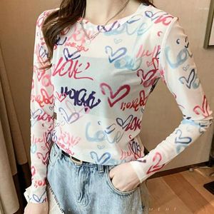 Herrdräkter 2024 Street Style Long Sleeve Printed T Shirt Women Transparent Mesh Top Tee Beach Female Clothes Seight Through Tshirts