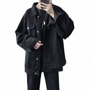 Preto Denim Jaqueta Curta Homens Turn Down Collar Bomber Jacket Jeans Casacos Casuais Bolsos Macacões Streetwear Homem Roupas Outwear c7aN #