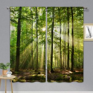 Cortinas 2pcs Cortinas de floresta de sol, floresta encantada com cena de sol, cortinas de janela, painel de cortina para fácil suspensão, decoração de quarto de casa