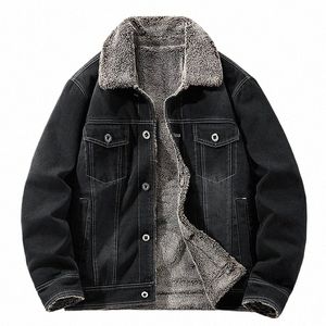 winter Fleece Denim Jacket Men's Retro Casual Wed Cott Lamb Wool Collar Parka Cityboy Brand Windproof Warm Men's Denim Coat d93X#