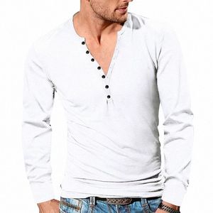 new Men's Four Seas Henley shirt Vintage Lg Sleeve T-shirt Cross border Men's Butt V-Neck Slim Solid T-shirt Top y7fS#