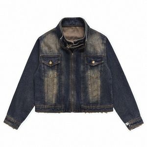 falso dois design curto denim jaquetas homens mulher único breasted zíper cowboy casacos azul qua gola outerwear unisex novo 96wC #