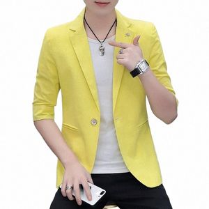 Hoo 2023 primavera e verão masculino novo terno popular juventude casual all-matching fino ajuste fino meados de manga blazer 55bP #