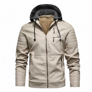 Fi Lederjacke Männer Herbst Fleece Liner Pu-Ledermantel mit Winter Männliche Kleidung Lässige weiße Kapuze Motorradjacken 93Zf #