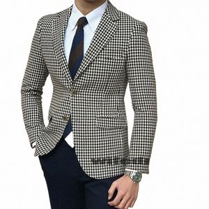 Houndstooth xadrez casual blazer para homens uma peça terno jaqueta com 2 fenda lateral fino ajuste único casaco masculino fi traje q7EC #