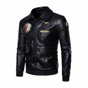 embroidered leather jacket, men's genuine leather, autumn and winter plush lapel, PU leatherwaterproofmotorcycle jacket l3UC#