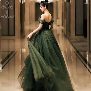 カジュアルドレスYosimi-Women's Green Mesh Dress Birthday Party Long Slash Neck Off Sholend Ball Gown Wedding Summer