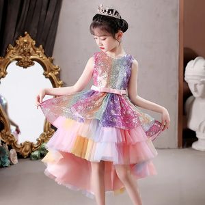 Kinderkleid für 412 Mädchen mit Pailletten, Kuchenrock, Hochzeit, Party, Tailing, elegante Prinzessin, ärmellose Kinderkleider 240326