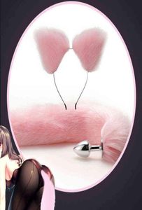 Zabawki seksualne 3 Rozmiar Śliczne miękkie uszy kota opaski na głowę 40 cm Fox Tail Bow metalowy tyłek wtyczka erotyczna Cosplay Akcesoria H2204146121481
