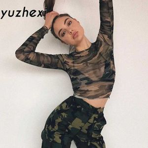 Kvinnors tankar Camis Yuzhexi Summer Transparent Mesh Camo Topp Långärmad O-ledande grön T-shirt 24326