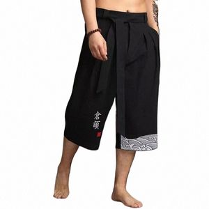 Kimo giapponese tradizionale pantaloni uomo asiatico abbigliamento bagno pantalone casual allentato maschile stile giapponese Yukata pantaloni di lino pantaloni corti B5Bk #