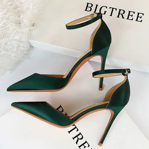 Bigtree ayakkabıları yeşil mavi kadın pompalar moda ofis seksi yüksek topuklu ipek stiletto topuk sandalet artı boyut 43 240322