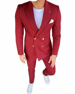 Мужской деловой костюм из двух предметов, двубортный пиджак, повседневный деловой костюм с плоскими лацканами, пиджак + брюки P7dM #