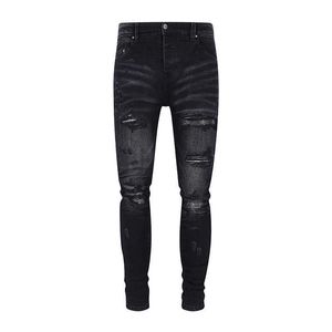 High Street 23ss Am Mx1 Washed Black Basic Distressed Stretch Denim Jeans for Men of High Quality