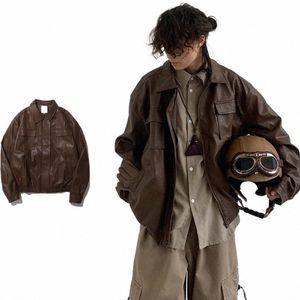 Винтажная куртка из искусственной кожи для мужчин и женщин, однотонное свободное пальто унисекс-карго, весна-осень, повседневная мотоциклетная ветровка, топы для пар I1QA #