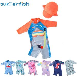 Bebê menino roupa de banho com boné terno surf wear tubarão natação terno infantil criança crianças protetor solar praia maiô 240326