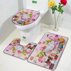 Tappetini Pupazzo di neve di Natale Tappetino da bagno Set Cartone animato Rosa Caramella Casa Regalo Albero di Natale Fiocco di neve Capodanno Ragazza Arredamento bagno Tappeti Copriwater