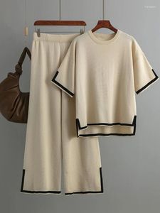 여자 2 피스 바지 여름 2 세트 여성 복장 느슨한 티셔츠 트랙 슈트 패션 knited 캐주얼 짧은 슬리브 세트 통기성 바지 정장