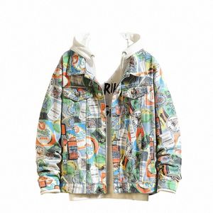 Autumn Graffiti Denim Jacket 2021 New Japan Style Fi Jeans Jacket Casual Bomber Punk Streetwear Clothes Men Spring Jacket N54V#