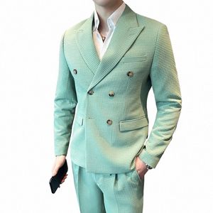 Куртка + брюки мужские пиджаки высокого качества двубортный деловой костюм/мужской приталенный вафельный свадебный смокинг жениха Dr Повседневный смокинг L5PF #