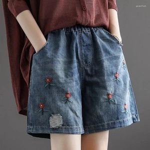 Women's Shorts Flower Print Summer Pockets Jeans Thin Pantalones Elastic High Waist Losse Women Denim Pants Casual 2024 F149