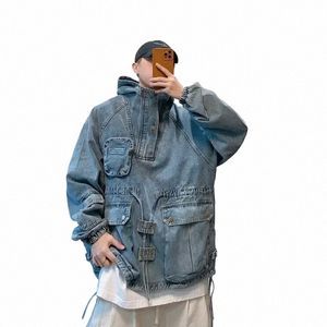 Spring Retro Workwear Tooling Hooded Denim Jackets FI Causal Loose High Street Hoodies Jacket Män topp Mannkläder Q4TU#