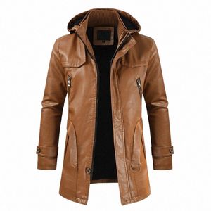 leather Trench Coat Men's Coat Hooded Handsome Y2K Men's Mid-Length Leather Coat Youth Plus Size PU Locomotive Outwear p31a#
