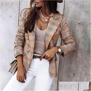 Damenanzüge Blazer Damen Plaid Blazer Jacke Frauen Frühling Herbst Langarm Casual Slim Dünn Khaki Frau Mäntel Elegantes Büro Dh1Hx