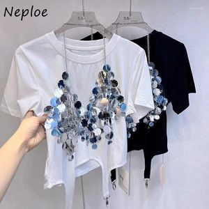 Neploe Damen-T-Shirts, modisch, O-Ausschnitt, kurzärmelig, weiße Tops, Damen-Y2k-Vintage-Stil, aushöhlen, Pailletten-Unterhemd, Frühling, zweiteilige Sets