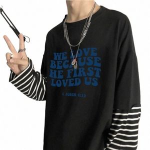 hip Hop WE LOVE BECAUSE HE FIRST LOVED US Letter Women's T Shirts Korean Fi Patchwork Tops Loose O-neck Lg Sleeve Tshirt 76n7#