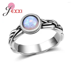 Pierścienie klastra Vintage Stackable Retro 925 Sterling Silver z Mystic Rainbow Blue Fire Opal Kamena biżuteria dla mężczyzn kobiety