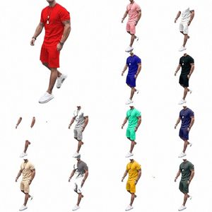 2023 Solid Color Europe And The United States Men's 13 Color Summer New Short Sleeve Shorts Leisure Sports Suit Men o19s#